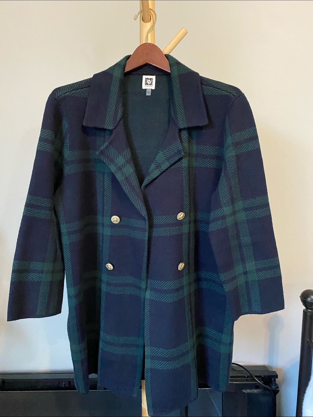 Anne Klein Plaid Coat - Navy & Green